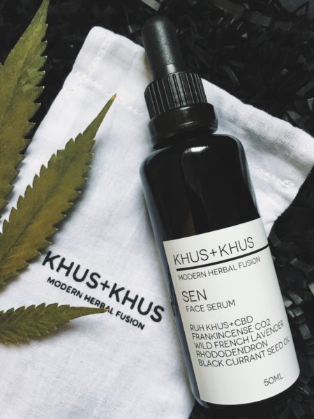 SEN facial oil on KHUS+KHUS bag and marijuana leaf